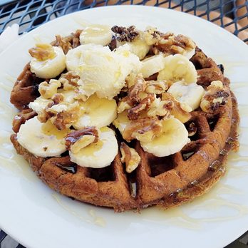 Morgan's Mill - Banana Bread Waffle special: Banana bread waffle with sliced bananas, walnuts, and honey. - Coffee & Tea Near Me - Woodland, California Morgan's Mill - Banana Bread Waffle special: Banana bread waffle with sliced bananas, walnuts, and honey. - Coffee & Tea Near Me - Woodland, California