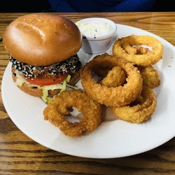 Vintage Bar and Grill - Cajun Yellowfin Tuna Sandwich with Onion Rings and Cole Slaw