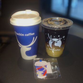 Elite Experience: Luckin Coffee - 1375 Broadway - Left: Hot Coconut Milk Latte Right: Pineapple Cold Brew (free holiday magnet with purchase of 2 drinks) - Yelp Events Near Me - New York, New York Elite Experience: Luckin Coffee - 1375 Broadway - Left: Hot Coconut Milk Latte Right: Pineapple Cold Brew (free holiday magnet with purchase of 2 drinks) - Yelp Events Near Me - New York, New York