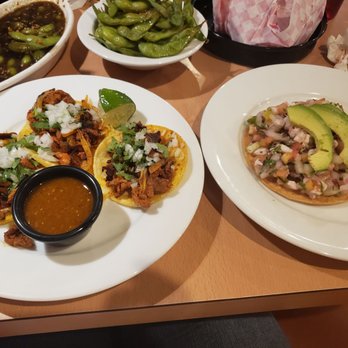 Sushingon - Al pastor tacos (left) and shrimp ceviche tostada (right) - Mexican Near Me - Riverside, California