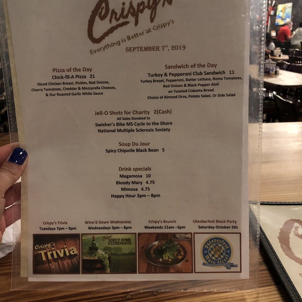 Crispy's Springfield Gallery - Menu Sept 2019 - Pizza Near Me - Jacksonville, Florida Crispy's Springfield Gallery - Menu Sept 2019 - Pizza Near Me - Jacksonville, Florida