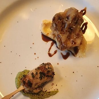 Eleven - Grilled chicken skewer with tahini sauce and vegetable (mushroom) tempura. - New American Near Me - Pittsburgh, Pennsylvania Eleven - Grilled chicken skewer with tahini sauce and vegetable (mushroom) tempura. - New American Near Me - Pittsburgh, Pennsylvania