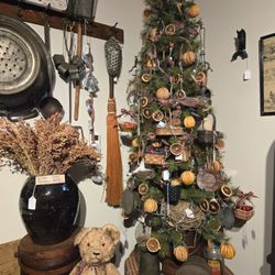 HappiNest Antiques - Primitive Evergreen Tree decorated with Dried Oranges & Orange Slices, Bird's Nests and Kitchen Tools