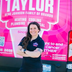 Taylor Heating & A/C - General Manager Nikki Rizzi, posing with Taylor's iconic pink truck supporting Breast Cancer Awareness!