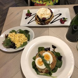 Gastrono-me - Fish cakes, scrambled eggs, and pancakes