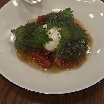 Camelia - Celebrity tomatoes with burrata, ponzu jelly and shiso - French Near Me - Los Angeles, California Camelia - Celebrity tomatoes with burrata, ponzu jelly and shiso - French Near Me - Los Angeles, California