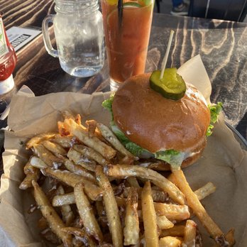 Broderick - Traditional burger with a bison patty and garlic fries and a Bloody Maria - Burgers Near Me - Walnut Creek, California
