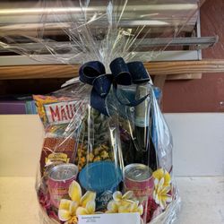 Birthday basket with Maui stuff and champagne