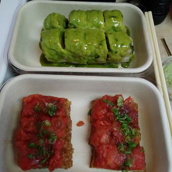 Bamboo Sushi - The famous green machine w/albacore and crispy rice with spicy tuna for takeout. - Sushi Bars Near Me - Seattle, Washington Bamboo Sushi - The famous green machine w/albacore and crispy rice with spicy tuna for takeout. - Sushi Bars Near Me - Seattle, Washington