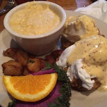 Chimes Restaurant - Poached Eggs over Crabcakes, cheesy grits !! On the brunch menu!! - Southern Near Me - Baton Rouge, Louisiana