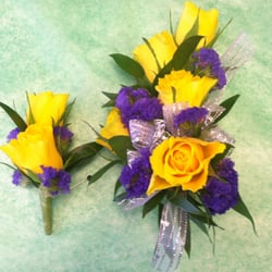 The Best Little Flower Shop - A purple and yellow matching corsage and boutonniere set for Prom