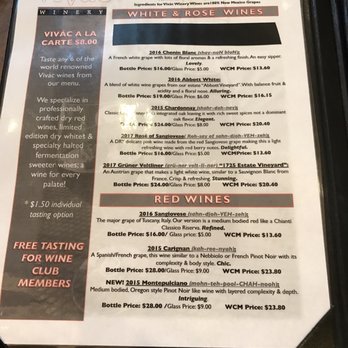 Vivac Winery - The white wine section of the menu and the start of the many red wines offered. - Wine Tasting Room Near Me - Dixon, New Mexico