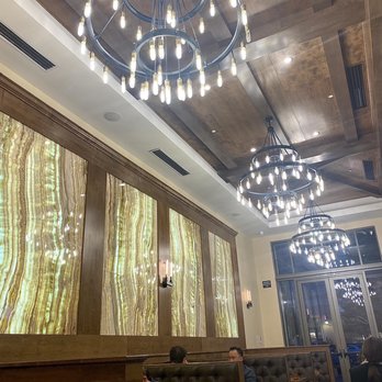 Opa! Authentic Greek - Indoor artistic wall decor with lovely bright chandeliers - Mediterranean Near Me - Santa Clara, California