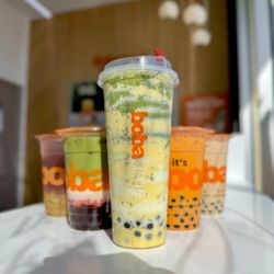 [L to R] Galaxy Iced Tea w/Mango Stars, Strawberry Matcha w/Boba, Matcha Brûlée w/Boba, Thai Tea w/Boba, Brown Sugar Milk Tea w/Boba
