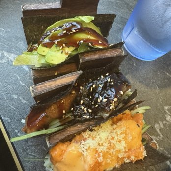 Sumo Sushi & Grill - Vegetarian hand roll, eel hand roll and spicy crab hand roll. All were delicious. - Sushi Bars Near Me - Bremerton, Washington