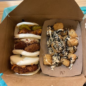 Suzy Siu's Baos - from top the bottom: fried chicken bao, fried turnip cake and fried green tomato bao! side of Togarashi Tater Tots - Korean Near Me - Atlanta, Georgia Suzy Siu's Baos - from top the bottom: fried chicken bao, fried turnip cake and fried green tomato bao! side of Togarashi Tater Tots - Korean Near Me - Atlanta, Georgia