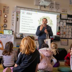 Students start taking Spanish in kindergarten and continue through eighth grade. Middle school offers more opportunities to deepen learning.