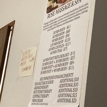 Rose Massage Spa - Wall pricing menu - Massage Near Me - Everett, Washington