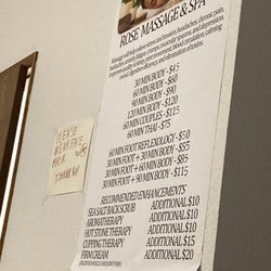 Rose Massage Spa - Wall pricing menu