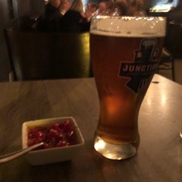Great Amber craft beer and Hot papers waiting for the Pizza