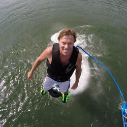 Austin Jet Skier - Drone shot of Flydive X-board at 30 ft above the water.