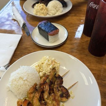 Oli's Kitchen - Spicy shrimp with rice and Mac salad  Kalbi plate with rice and Mac salad - Breakfast & Brunch Near Me - Honolulu, Hawaii