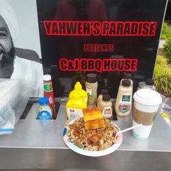 C&J BBQ House - Jamaican jerk chicken with rice and beans and sweet corn bread