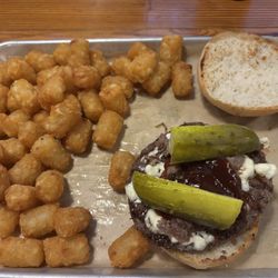 Tater Tots Smokehouse Burger (GF bun, feta, no cheddar or crispy onions)