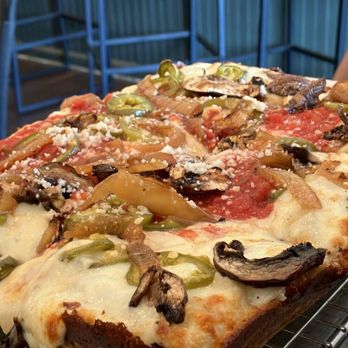 Emmy Squared Pizza - "Make It Your Own" regular pizza base with added caramelized onion, mushrooms, & jalapeños - Pizza Near Me - Birmingham, Alabama Emmy Squared Pizza - "Make It Your Own" regular pizza base with added caramelized onion, mushrooms, & jalapeños - Pizza Near Me - Birmingham, Alabama