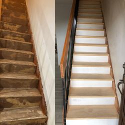 JAX Painting & Renovations - This laminate stairway, was cracked and deteriorated. We replaced it for real wood, and a nice look that was a site to see as you got home.