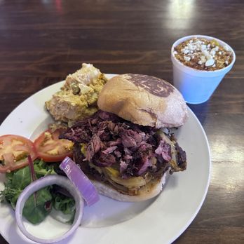 Jimmy Vega's Smokehouse - Build your own burger with rib meat Potato salad Crack corn - Food Trucks Near Me - Georgetown, Texas Jimmy Vega's Smokehouse - Build your own burger with rib meat Potato salad Crack corn - Food Trucks Near Me - Georgetown, Texas