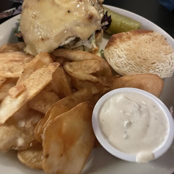 The Dish Cafe - Hey Jack Burger** with house chips and blue dressing - American Near Me - Daniels, West Virginia The Dish Cafe - Hey Jack Burger** with house chips and blue dressing - American Near Me - Daniels, West Virginia