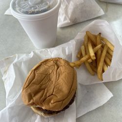 Swiss Inn Drive In - Double burger, fries, and small Dr. Pepper