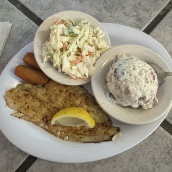Margie & Ray's Crabhouse - Grilled flounder, coleslaw and potato salad. - Seafood Near Me - Virginia Beach, Virginia Margie & Ray's Crabhouse - Grilled flounder, coleslaw and potato salad. - Seafood Near Me - Virginia Beach, Virginia