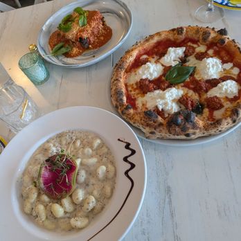 Locanda Amalfi - Front to back: gnocchi tartufo, pizza diaviola, eggplant Parmesan - Italian Near Me - Pleasanton, California