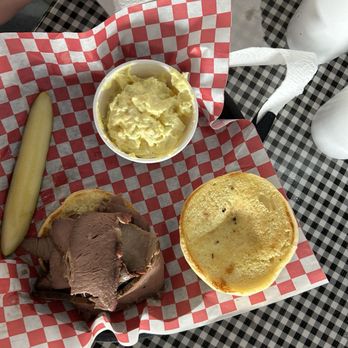 SharpShooter Pit and Grill - Fresh Smoked Beef Brisket Sandwich with potato salad - Barbeque Near Me - Affton, Missouri SharpShooter Pit and Grill - Fresh Smoked Beef Brisket Sandwich with potato salad - Barbeque Near Me - Affton, Missouri
