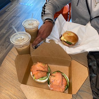 A Romo's Cafe - SALMON BAGEL AND EGG W TURKEY AND BACON AND TWO CARAMEL MOCHAS W ALMOND MILK! - Coffee & Tea Near Me - Hayward, California