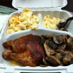 Quarter chicken with Mac n cheese & mushroom sides. Quarter chicken with Mac n cheese & mushroom sides.