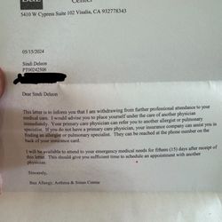 Baz Allergy, Asthma & Sinus Center - La letra que aparentemente hicieron ese mismo día y me la mandaron .