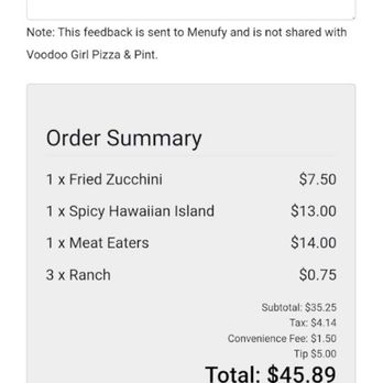 Voodoo Girl Pizza & Pints - Receipt from my order The Spicy Hawaiian Island, Fried Zucchini, The Meat-Eaters - Beer Bar Near Me - Albuquerque, New Mexico Voodoo Girl Pizza & Pints - Receipt from my order The Spicy Hawaiian Island, Fried Zucchini, The Meat-Eaters - Beer Bar Near Me - Albuquerque, New Mexico