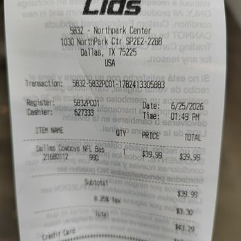 Lids - Receipt - Sporting Goods Near Me - Dallas, Texas Lids - Receipt - Sporting Goods Near Me - Dallas, Texas