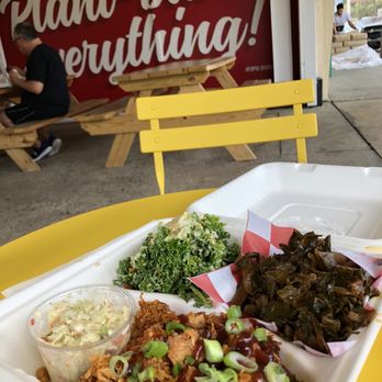 Pure Soul - The NC *BBQ* Plate with collard Bilbo's Greens and Side Kale Caesar Salad - Fast Food Near Me - Durham, North Carolina Pure Soul - The NC *BBQ* Plate with collard Bilbo's Greens and Side Kale Caesar Salad - Fast Food Near Me - Durham, North Carolina