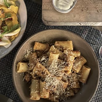 Camper - Gold Die Mezze Rigatoni with braised pork ragu, sourdough bread crumbs, & parm - New American Near Me - Menlo Park, California Camper - Gold Die Mezze Rigatoni with braised pork ragu, sourdough bread crumbs, & parm - New American Near Me - Menlo Park, California