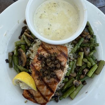 Xetava - Salmon with capers over rice with asparagus and mushrooms , Lemon Dill sauce on the side - Cafes Near Me - Ivins, Utah Xetava - Salmon with capers over rice with asparagus and mushrooms , Lemon Dill sauce on the side - Cafes Near Me - Ivins, Utah