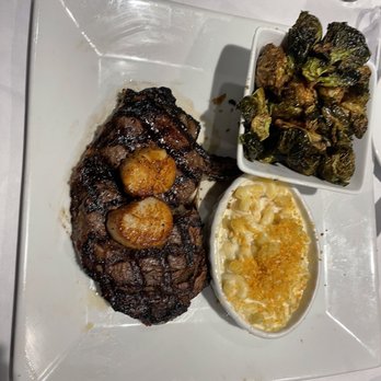 1885 Grill - Ribeye steak with scallops, Mac and cheese, and amazing Brussel sprouts. - Seafood Near Me - Acworth, Georgia 1885 Grill - Ribeye steak with scallops, Mac and cheese, and amazing Brussel sprouts. - Seafood Near Me - Acworth, Georgia