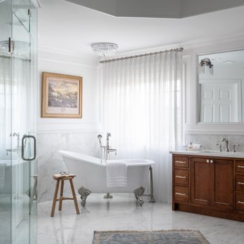 DuVäl Design - Fully renovated owner's bathroom with barrier free shower, custom cabinetry, and heated flooring. - Interior Design Near Me - Fairfax, Virginia DuVäl Design - Fully renovated owner's bathroom with barrier free shower, custom cabinetry, and heated flooring. - Interior Design Near Me - Fairfax, Virginia