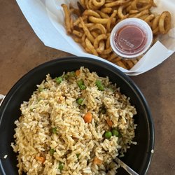 Bar Kada - Crawfish fried rice and curly fries.