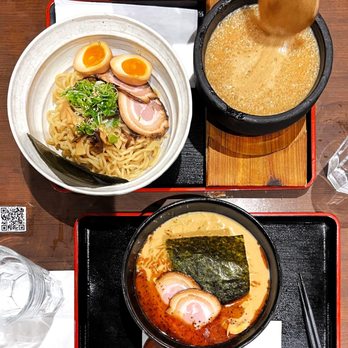 Ramen Isshin - Top: Stone Bowl Shoyu Kotteri Tsukemen Bottom: Roasted Garlic Shoyu Ramen - Ramen Near Me - Toronto, Ontario