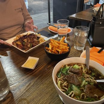 Dan Dan - Top: cumin lamb noodle Middle: French fries (HH)  Bottom: Taiwanese Beef Noodle Soup - Szechuan Near Me - Philadelphia, Pennsylvania