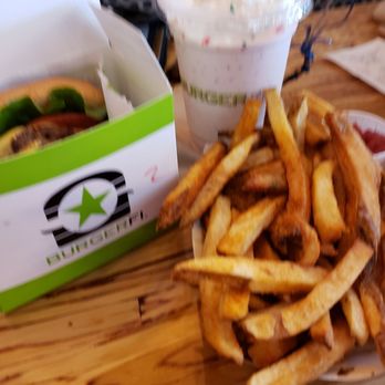 BurgerFi - The Burger fi burger, regular cajun fries, and strawberry milkshake - Burgers Near Me - Kissimmee, Florida BurgerFi - The Burger fi burger, regular cajun fries, and strawberry milkshake - Burgers Near Me - Kissimmee, Florida